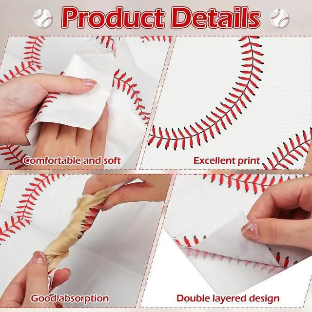 Alt view image 3 of 7 - Kochorie 96 Pieces Baseball Napkins 6.5 x 6.5 Inches Paper Baseball Party Decorations Disposable Baseball Themed Party Supplies Baseball Pattern Cocktail Napkins for Baseball Party Sports Birthday