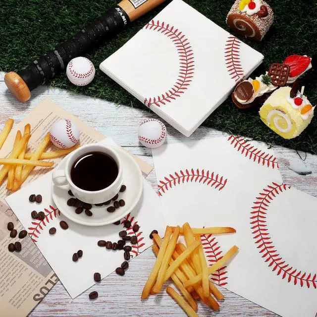 Alt view image 4 of 7 - Kochorie 96 Pieces Baseball Napkins 6.5 x 6.5 Inches Paper Baseball Party Decorations Disposable Baseball Themed Party Supplies Baseball Pattern Cocktail Napkins for Baseball Party Sports Birthday