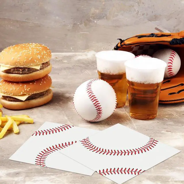 Alt view image 5 of 7 - Kochorie 96 Pieces Baseball Napkins 6.5 x 6.5 Inches Paper Baseball Party Decorations Disposable Baseball Themed Party Supplies Baseball Pattern Cocktail Napkins for Baseball Party Sports Birthday