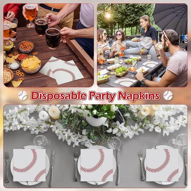Alt view image 6 of 7 - Kochorie 96 Pieces Baseball Napkins 6.5 x 6.5 Inches Paper Baseball Party Decorations Disposable Baseball Themed Party Supplies Baseball Pattern Cocktail Napkins for Baseball Party Sports Birthday