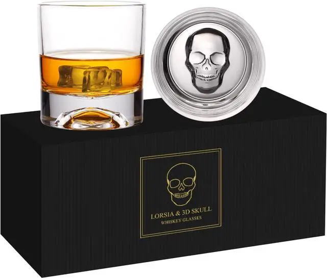 Main image of Hand Blown Crystal Skull Whiskey Glasses, Set of 2 Bourbon Glasses In Gift Box - 10 Oz Old Fashioned Glasses for Scotch, Cocktail, Rum - Perfect Gifts for Halloween, Christmas, Thanksgiving for Men