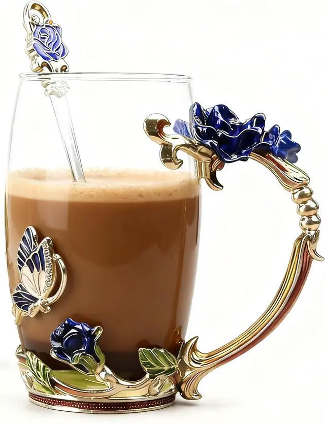 Main image of Gifts for Mom Women Unique Blue Tea Mug With Spoon Set & Flower Decoration - Top Birthday Christmas Gifts For Women Mom Who Has Everything