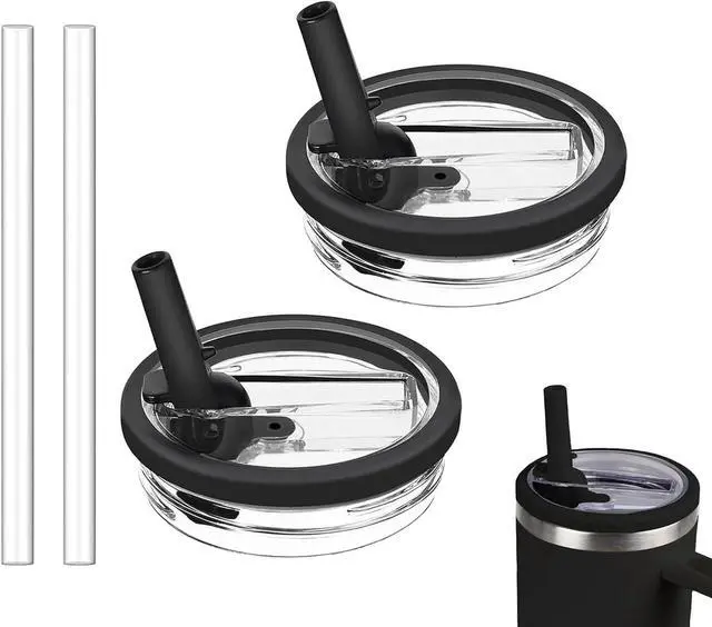 Main image of 2 Pack 30 oz Tumbler Flip Straw Lid Replacement Compatible for Stanley Quencher, Leak Proof Lid Replacement for 30 OZ Stanley H2.0 FlowState Tumbler,Spill Proof Splash Reusable (Black)