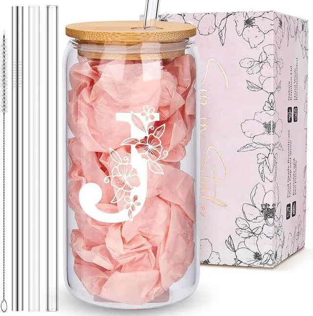 Main image of Personalized Tumbler, Monogrammed Can Glass Cups with Bamboo Lids and Straws, Customized Gifts for Women, Cute Design Initial Iced Coffee glasses, Custom Letter Mug, Birthday Bridesmaid, J