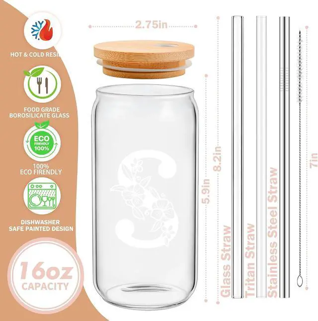 Alt view image 2 of 7 - Personalized Tumbler, Monogrammed Can Glass Cups with Bamboo Lids and Straws, Customized Gifts for Women, Cute Design Initial Iced Coffee glasses, Custom Letter Mug, Birthday Bridesmaid, J