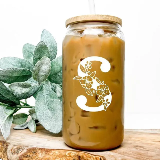 Alt view image 4 of 7 - Personalized Tumbler, Monogrammed Can Glass Cups with Bamboo Lids and Straws, Customized Gifts for Women, Cute Design Initial Iced Coffee glasses, Custom Letter Mug, Birthday Bridesmaid, J