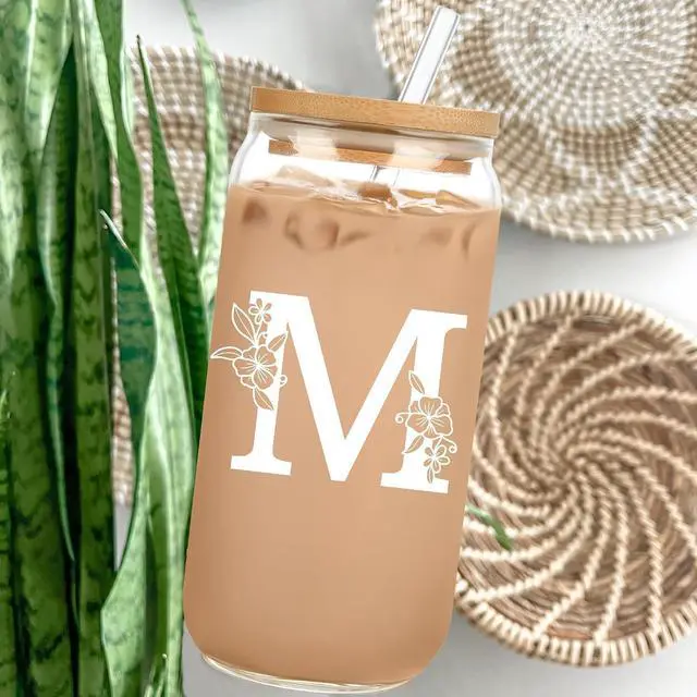 Alt view image 6 of 7 - Personalized Tumbler, Monogrammed Can Glass Cups with Bamboo Lids and Straws, Customized Gifts for Women, Cute Design Initial Iced Coffee glasses, Custom Letter Mug, Birthday Bridesmaid, J