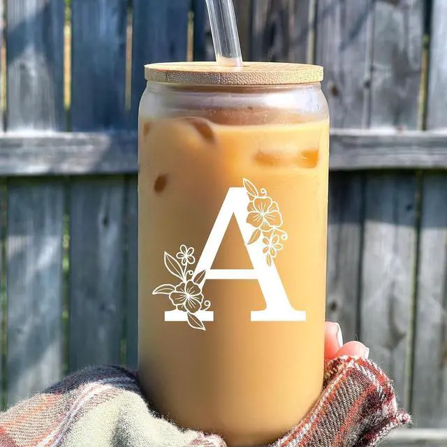 Alt view image 5 of 7 - Personalized Tumbler, Monogrammed Can Glass Cups with Bamboo Lids and Straws, Customized Gifts for Women, Cute Design Initial Iced Coffee glasses, Custom Letter Mug, Birthday Bridesmaid, J