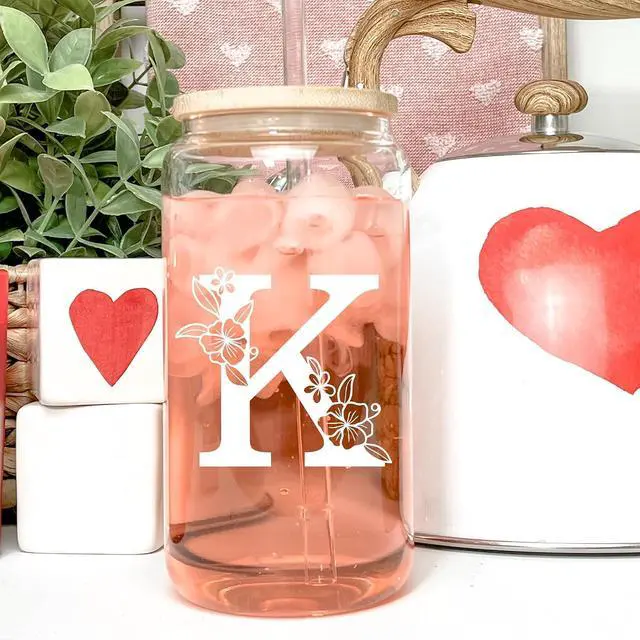 Alt view image 7 of 7 - Personalized Tumbler, Monogrammed Can Glass Cups with Bamboo Lids and Straws, Customized Gifts for Women, Cute Design Initial Iced Coffee glasses, Custom Letter Mug, Birthday Bridesmaid, J
