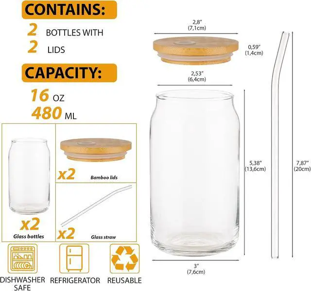 Alt view image 2 of 7 - Glass Cups with Lids and Straws, 16 Oz - Set of 2 Reusable Iced Cold Coffee Tumblers - Clear Glass Bottle for Water with Bamboo Lids