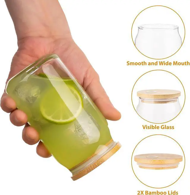 Alt view image 3 of 7 - Glass Cups with Lids and Straws, 16 Oz - Set of 2 Reusable Iced Cold Coffee Tumblers - Clear Glass Bottle for Water with Bamboo Lids