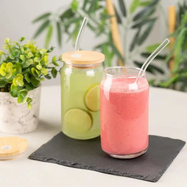 Alt view image 5 of 7 - Glass Cups with Lids and Straws, 16 Oz - Set of 2 Reusable Iced Cold Coffee Tumblers - Clear Glass Bottle for Water with Bamboo Lids