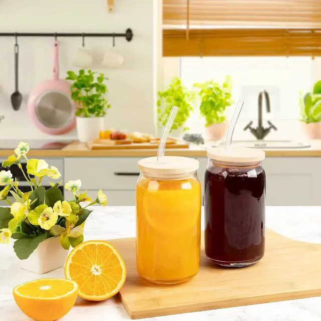 Alt view image 6 of 7 - Glass Cups with Lids and Straws, 16 Oz - Set of 2 Reusable Iced Cold Coffee Tumblers - Clear Glass Bottle for Water with Bamboo Lids