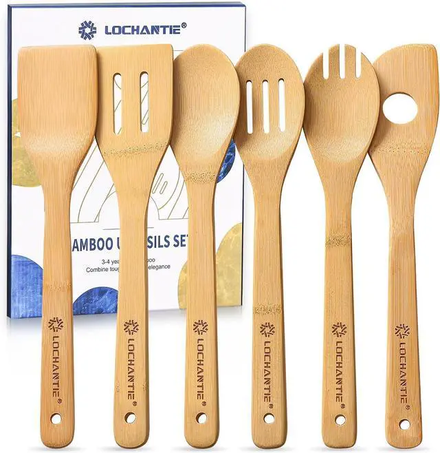 Main image of Wooden Spoons for Cooking Bamboo Utensils Set (6 Pieces) - Essential Tools Wooden Spoons & Spatula for Everyday Stirring, Mixing, Flipping & Serving, Gentle on Nonstick Cookware