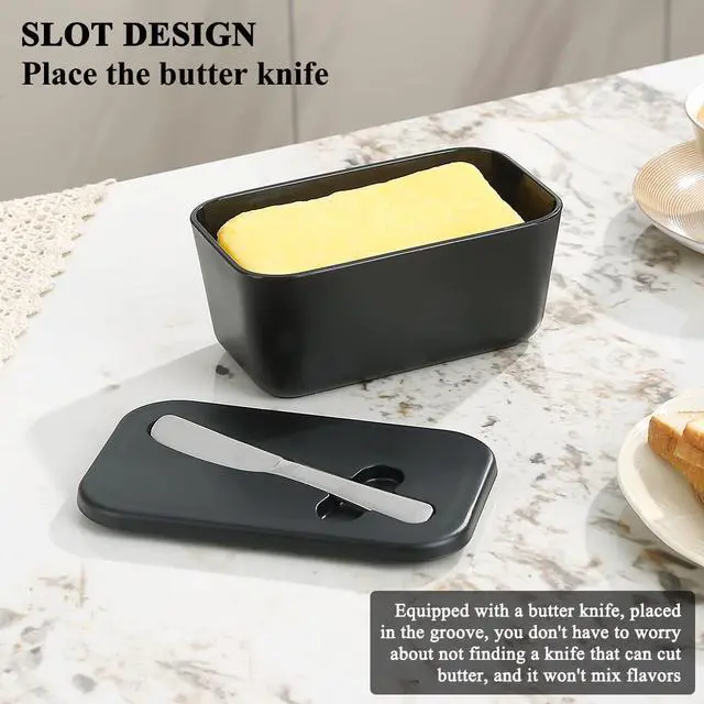 Alt view image 4 of 7 - Butter Dish With Lid For Countertop And Refrigerator Door Shelf, ReaNea Plastic Butter Holder Tray Container With Butter Knife, Easy Scoop Dishwasher Safe