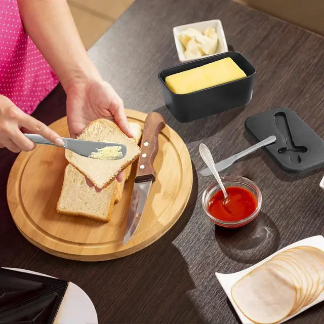 Alt view image 6 of 7 - Butter Dish With Lid For Countertop And Refrigerator Door Shelf, ReaNea Plastic Butter Holder Tray Container With Butter Knife, Easy Scoop Dishwasher Safe