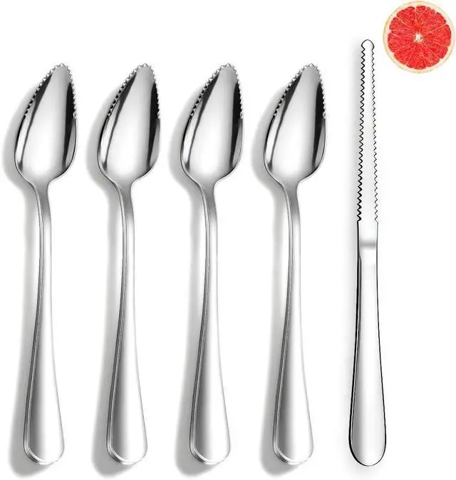 Main image of Berglander Grapefruit Spoons and Grapefruit Knife 5 Pieces, Stainless Steel Grapefruit Spoon Utensil Set, Serrated Edge Thick Handle Tool for Grapefruit, Kiwi, Apple, Citrus Fruit & Dessert
