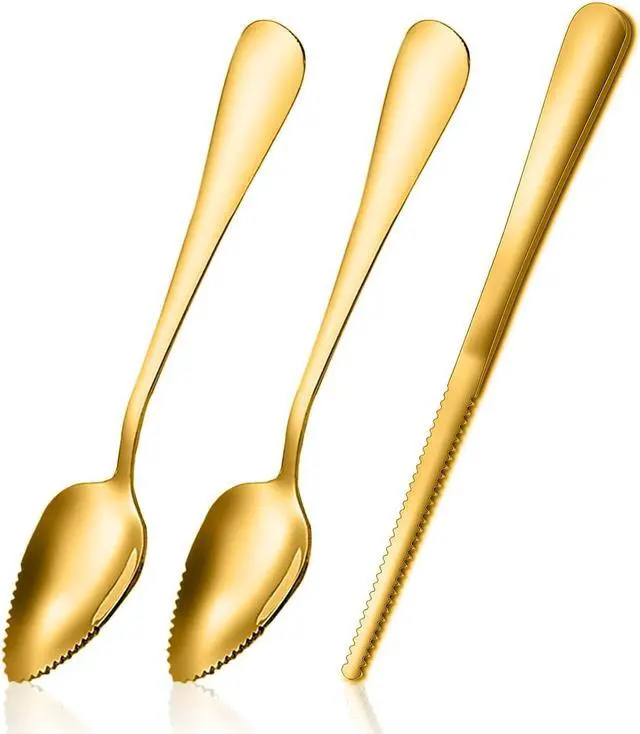 Main image of Grapefruit Spoon Knife Serrated Edge Stainless Steel Grape fruit Utensil Tool Dessert Spoons for Citrus Lemon Kiwi Salads Melon Lime Pitaya Apple Fruit Puree (3 PCS)