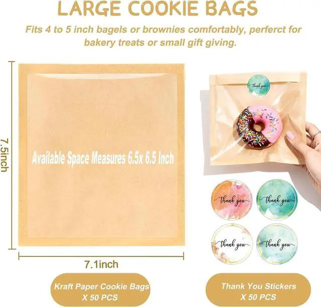 Alt view image 2 of 7 - Cookie Bags with Seal, 50 Pack 7.1x7.5 Inch Paper Bakery Bags with Window & Thank you Stickers, Pastry Packing Sleeves for Individual Bake Sale Home Baking, Bakery Supplies