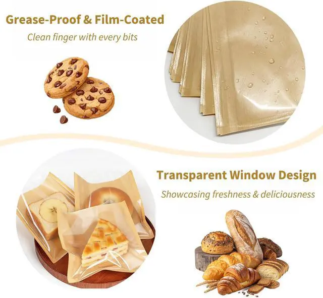 Alt view image 3 of 7 - Cookie Bags with Seal, 50 Pack 7.1x7.5 Inch Paper Bakery Bags with Window & Thank you Stickers, Pastry Packing Sleeves for Individual Bake Sale Home Baking, Bakery Supplies