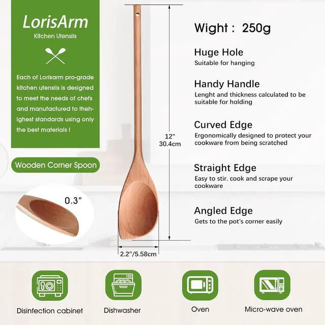 Alt view image 2 of 4 - LorisArm 12" Wooden Corner spoon, Solid Wood Spatula & Spoon, Handcraft Wood Spoonula Cooking Utensil, Kitchen Spatulas for Baking, stirring, Serving, Scraping.