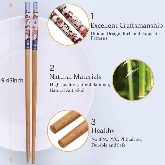 Alt view image 2 of 7 - GLAMFIELDS 10Pairs Handmade Natural Bamboo Chopsticks Healthy Asian Japanese Korean Noodles Sushi Chopsticks set Reusable Gift Tableware-Cute Cat Drawing