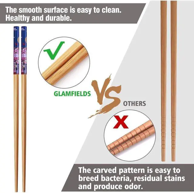 Alt view image 3 of 7 - GLAMFIELDS 10Pairs Handmade Natural Bamboo Chopsticks Healthy Asian Japanese Korean Noodles Sushi Chopsticks set Reusable Gift Tableware-Cute Cat Drawing