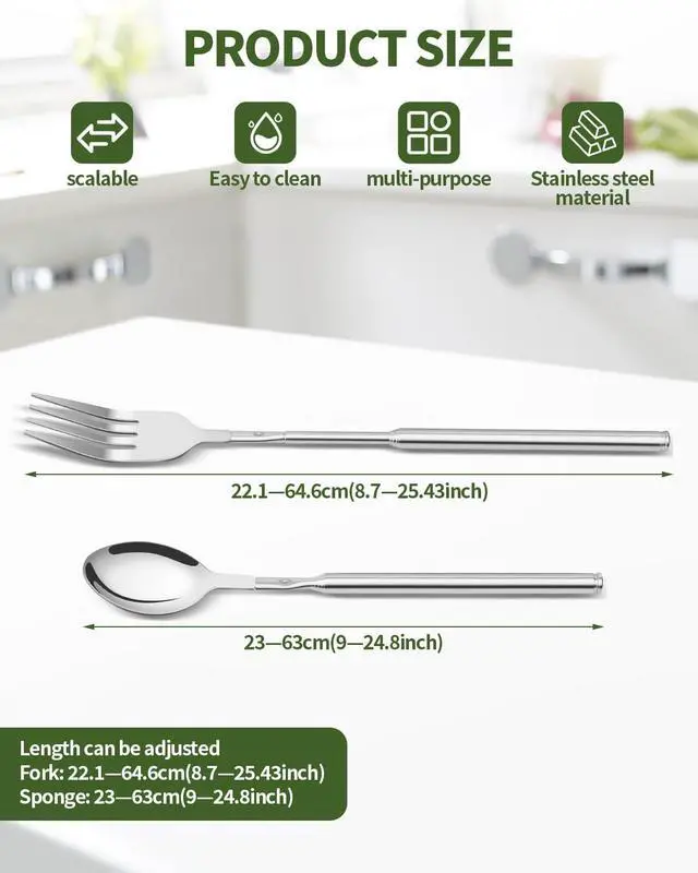 Alt view image 2 of 7 - 2 PCS Extendable Fork Spoon Set, Telescopic Stainless Steel Fork Spoon, Extendable 25.3 In, Dinner Forks for BBQ Dinner Fruit Dessert, Camping Flatware