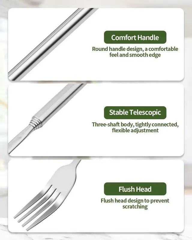 Alt view image 3 of 7 - 2 PCS Extendable Fork Spoon Set, Telescopic Stainless Steel Fork Spoon, Extendable 25.3 In, Dinner Forks for BBQ Dinner Fruit Dessert, Camping Flatware