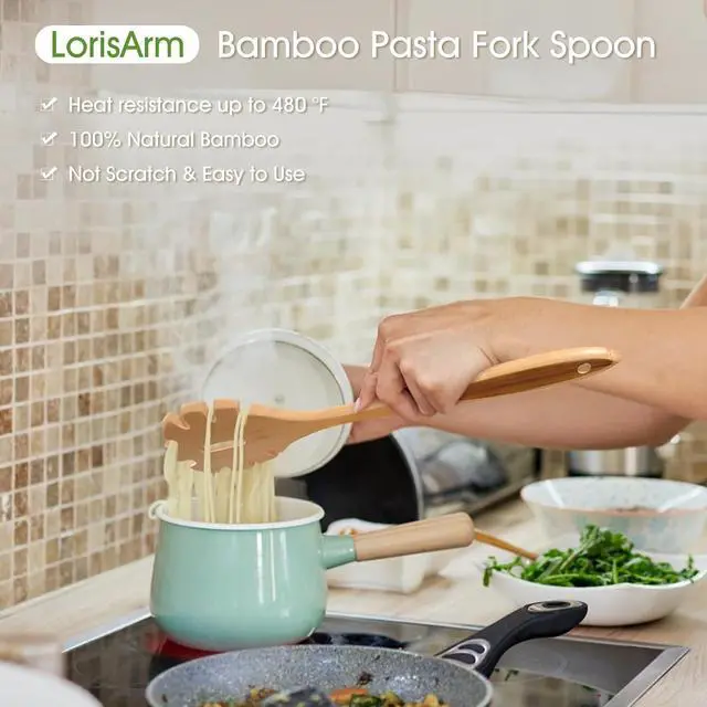Alt view image 2 of 3 - LorisArm 12.5" Bamboo Spaghetti Server Spoon, Wooden Pasta Fork Spoons Wood Noodle Spoon.