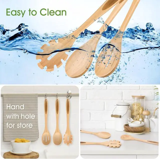 Alt view image 3 of 3 - LorisArm 12.5" Bamboo Spaghetti Server Spoon, Wooden Pasta Fork Spoons Wood Noodle Spoon.