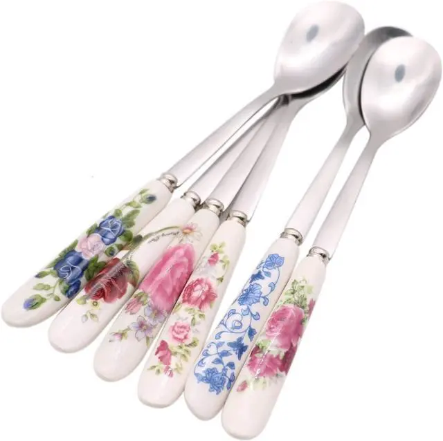 Main image of 6 Pack Stainless Steel Coffee Spoon Ceramic Handle Teaspoon Sugar Ice Cream Desert Spoon Stirring Soup Tableware