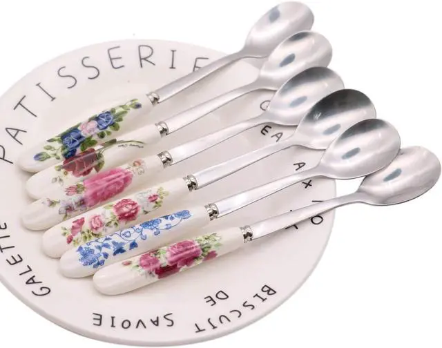 Alt view image 2 of 5 - 6 Pack Stainless Steel Coffee Spoon Ceramic Handle Teaspoon Sugar Ice Cream Desert Spoon Stirring Soup Tableware