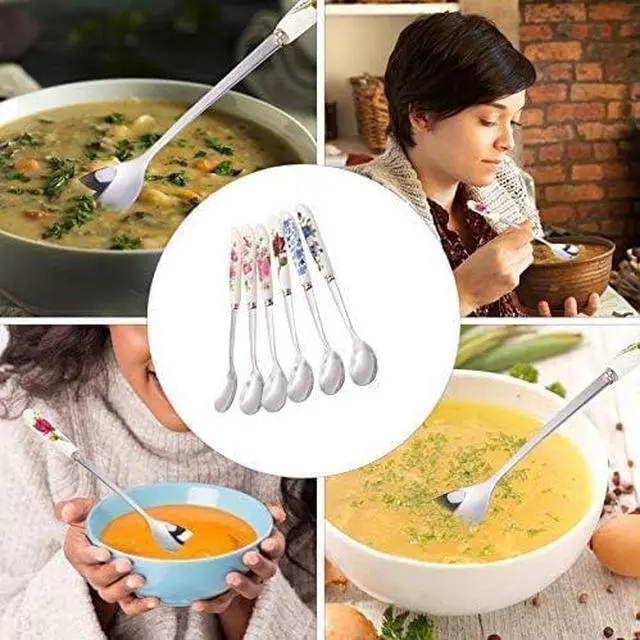 Alt view image 5 of 5 - 6 Pack Stainless Steel Coffee Spoon Ceramic Handle Teaspoon Sugar Ice Cream Desert Spoon Stirring Soup Tableware