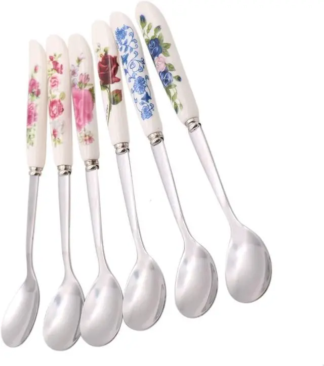 Alt view image 4 of 5 - 6 Pack Stainless Steel Coffee Spoon Ceramic Handle Teaspoon Sugar Ice Cream Desert Spoon Stirring Soup Tableware