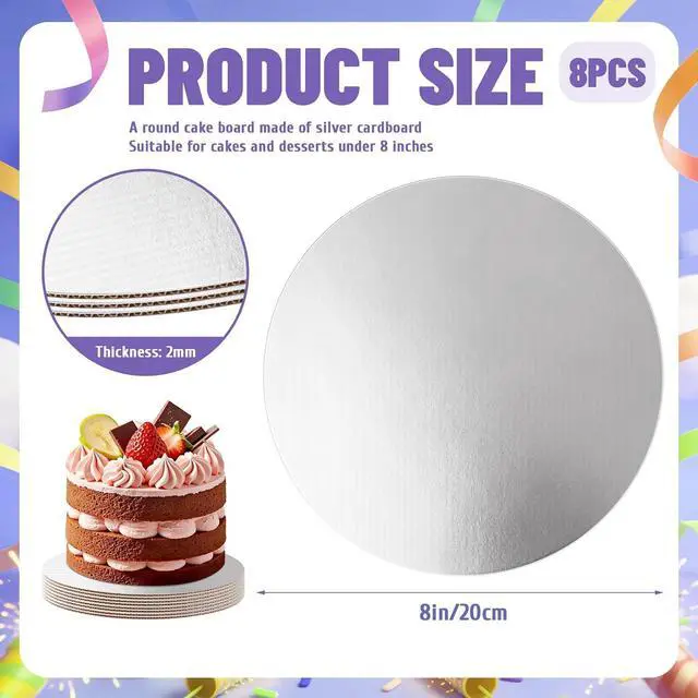 Alt view image 2 of 7 - 8 Pack 8 Inch Round Cake Boards,Silver Cardboard Cake Rounds