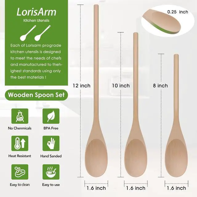 Alt view image 2 of 4 - LorisArm 3PC Wooden Spoon for Cooking, Long handle 12" 10" 8" Wood Serving Spoons Set for Mixing Stirring Tasting, Maple Wood Nonstick Kitchen Utensils.