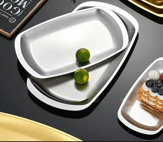 Alt view image 3 of 5 - Thickened Serving Tray, 7.5 Inch x 4.1 Inch Strainless Steel Trinket Tray, for Serving Fruit, Cake, Barbecue, Cosmetics Jewelry, Grilled Meat, and Snack at Home, Party and Outdoors (Small)