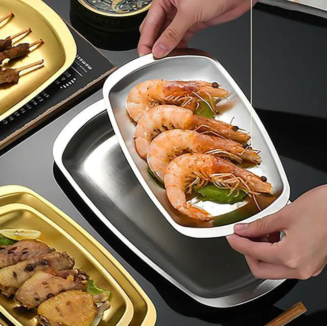 Alt view image 4 of 5 - Thickened Serving Tray, 7.5 Inch x 4.1 Inch Strainless Steel Trinket Tray, for Serving Fruit, Cake, Barbecue, Cosmetics Jewelry, Grilled Meat, and Snack at Home, Party and Outdoors (Small)