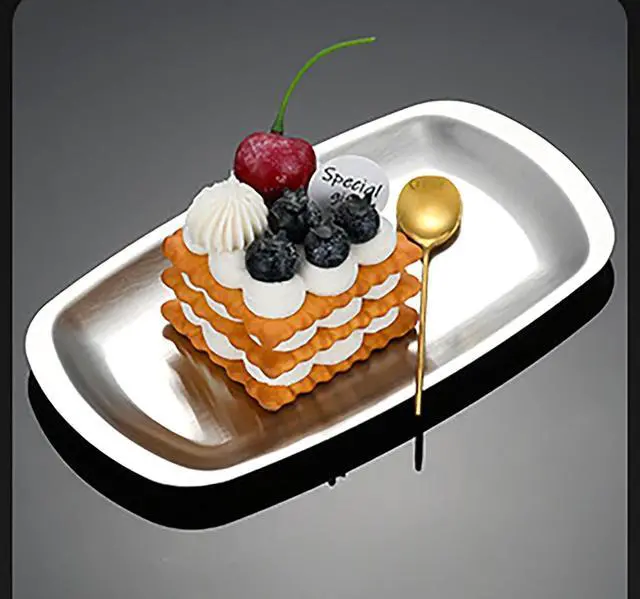 Alt view image 5 of 5 - Thickened Serving Tray, 7.5 Inch x 4.1 Inch Strainless Steel Trinket Tray, for Serving Fruit, Cake, Barbecue, Cosmetics Jewelry, Grilled Meat, and Snack at Home, Party and Outdoors (Small)