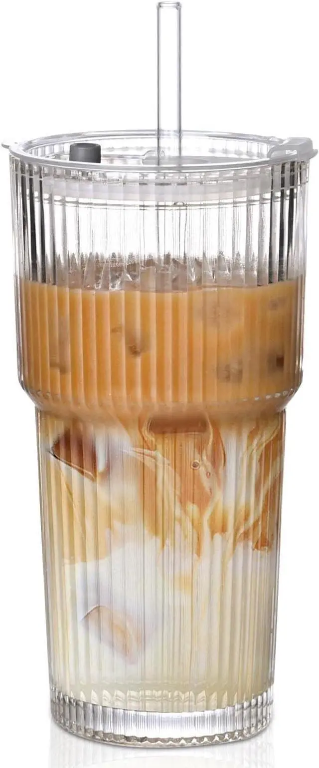 Main image of 20oz Ribbed Glass Cups with Lids and Straws,1PCS Glass Tumbler with Straw and Lid,Iced Coffee Cups Drinking Glasses for Juice Whiskey Cocktail Beer