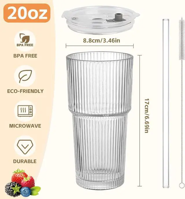 Alt view image 2 of 7 - 20oz Ribbed Glass Cups with Lids and Straws,1PCS Glass Tumbler with Straw and Lid,Iced Coffee Cups Drinking Glasses for Juice Whiskey Cocktail Beer