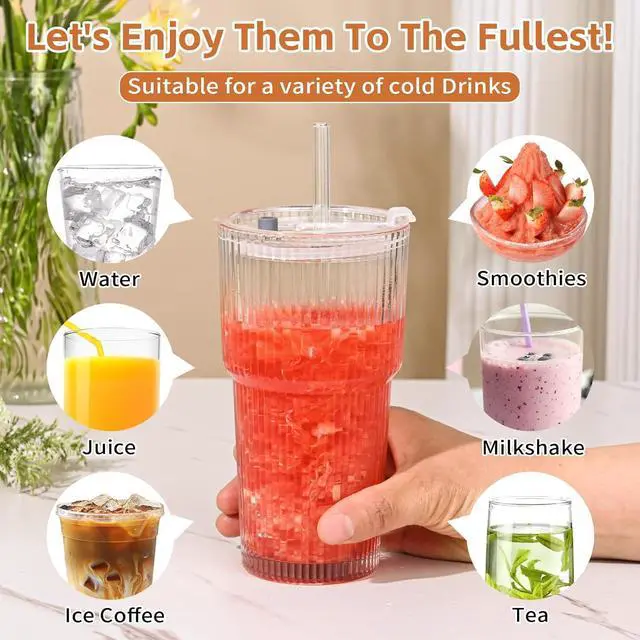 Alt view image 4 of 7 - 20oz Ribbed Glass Cups with Lids and Straws,1PCS Glass Tumbler with Straw and Lid,Iced Coffee Cups Drinking Glasses for Juice Whiskey Cocktail Beer