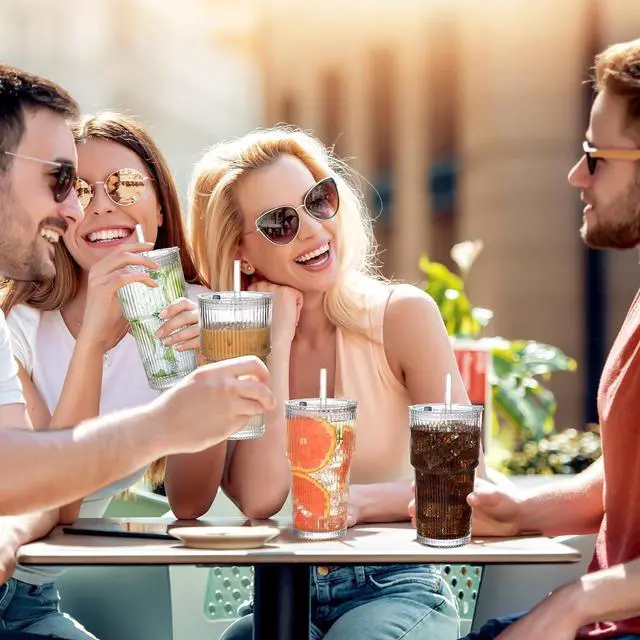 Alt view image 7 of 7 - 20oz Ribbed Glass Cups with Lids and Straws,1PCS Glass Tumbler with Straw and Lid,Iced Coffee Cups Drinking Glasses for Juice Whiskey Cocktail Beer
