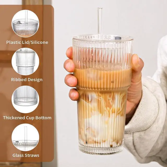 Alt view image 6 of 7 - 20oz Ribbed Glass Cups with Lids and Straws,1PCS Glass Tumbler with Straw and Lid,Iced Coffee Cups Drinking Glasses for Juice Whiskey Cocktail Beer