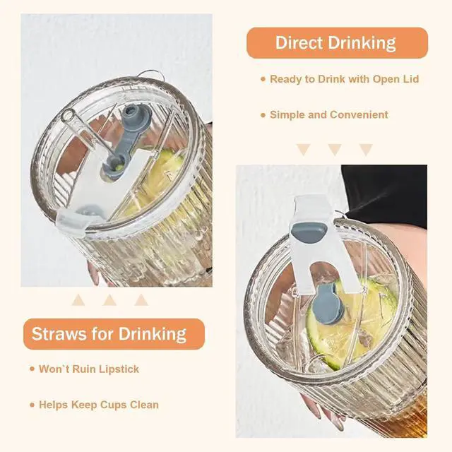 Alt view image 3 of 7 - 20oz Ribbed Glass Cups with Lids and Straws,1PCS Glass Tumbler with Straw and Lid,Iced Coffee Cups Drinking Glasses for Juice Whiskey Cocktail Beer