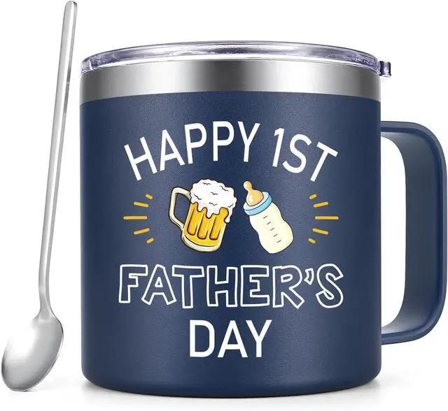 Main image of Qtencas New Dad Gifts for Men, First Time Dad, Happy 1st Father's Day Stainless Steel Insulated Coffee Mug, Soon To Be Daddy Gifts, Expecting 1st Time Father Present from Wife Kid, 14 oz Blue