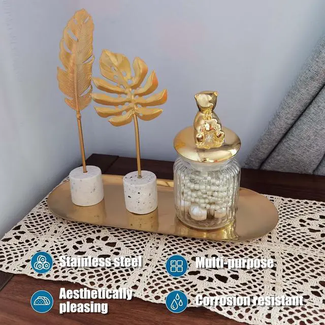 Alt view image 3 of 7 - Stainless Steel Gold Tray, Decorative Vanity Tray, Metal Oval Towel Storage Dishes, Fruit Tea Jewelry Cosmetics Organizer Dishes, Bathroom Serving Platter for Candles Dessert