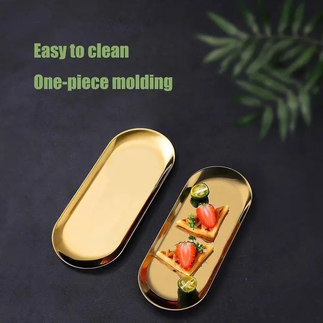 Alt view image 4 of 7 - Stainless Steel Gold Tray, Decorative Vanity Tray, Metal Oval Towel Storage Dishes, Fruit Tea Jewelry Cosmetics Organizer Dishes, Bathroom Serving Platter for Candles Dessert