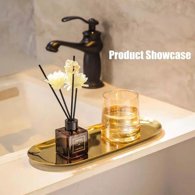 Alt view image 7 of 7 - Stainless Steel Gold Tray, Decorative Vanity Tray, Metal Oval Towel Storage Dishes, Fruit Tea Jewelry Cosmetics Organizer Dishes, Bathroom Serving Platter for Candles Dessert